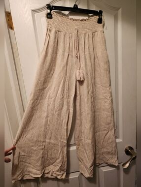 Beige Smocked Waist Linen Pants